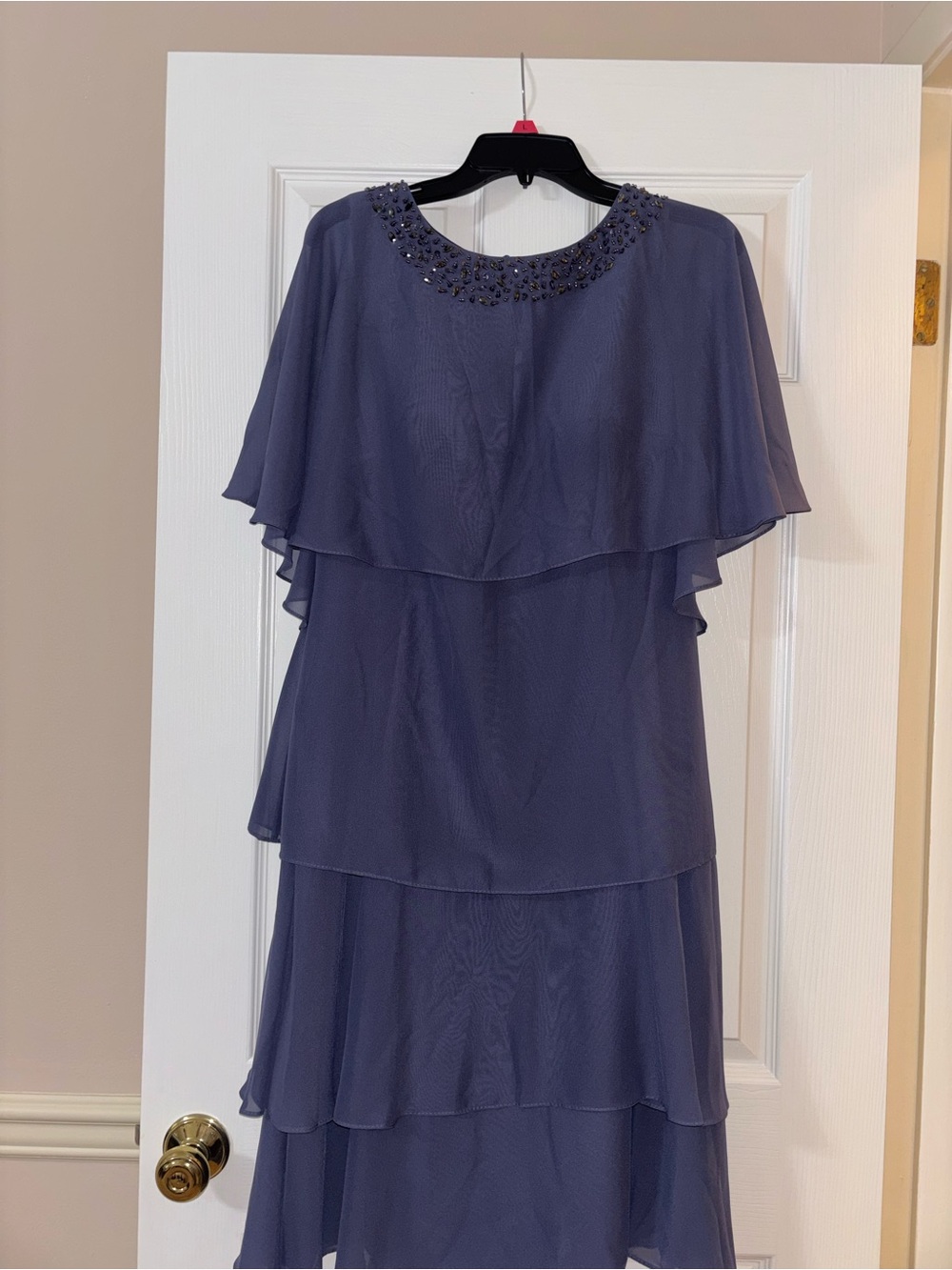 JJs House Slate Blue Beaded Neck Tiered Midi Dress